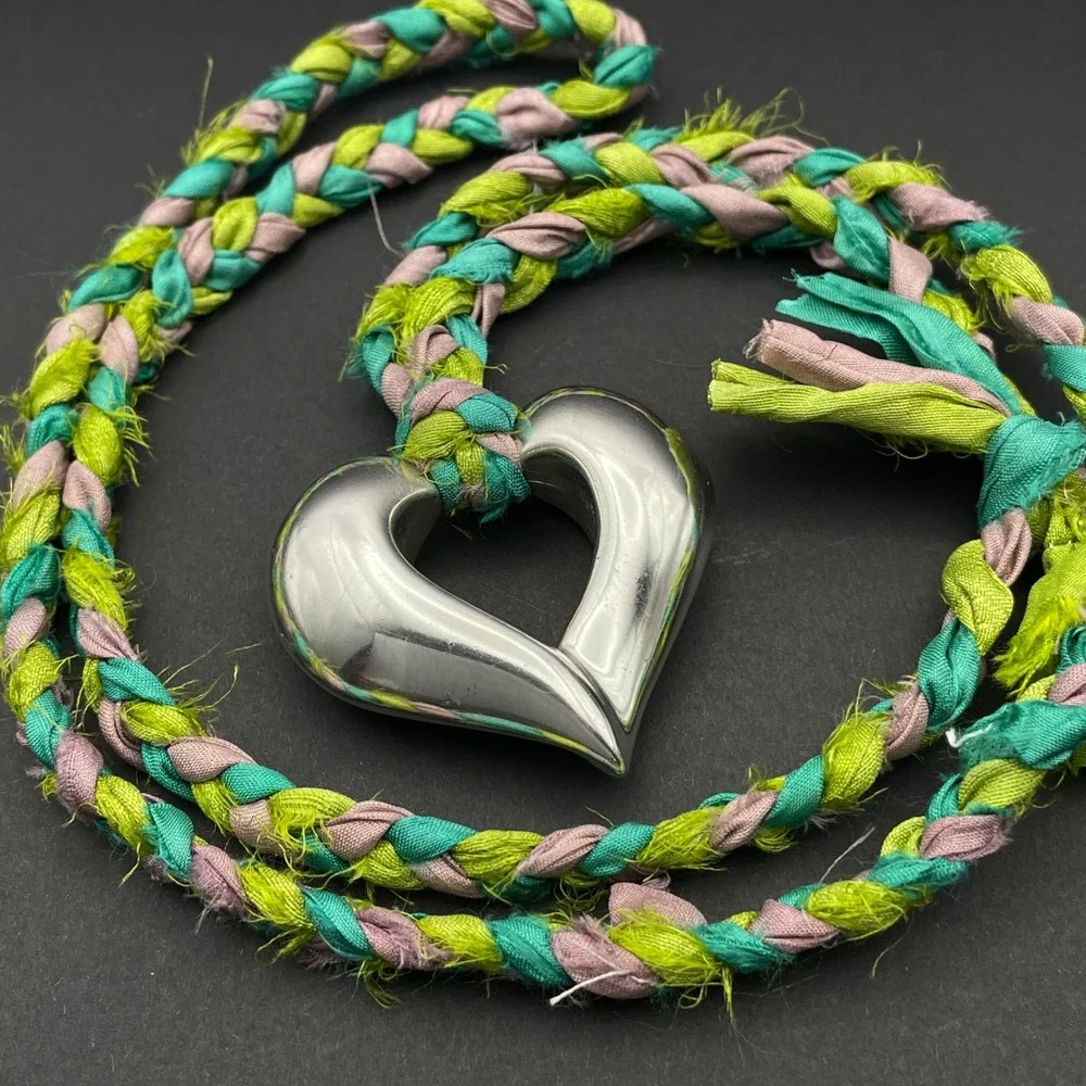Airess Sterling Silver Hollow Puff Heart Pendant Necklace Braided‎ Silk Boho
